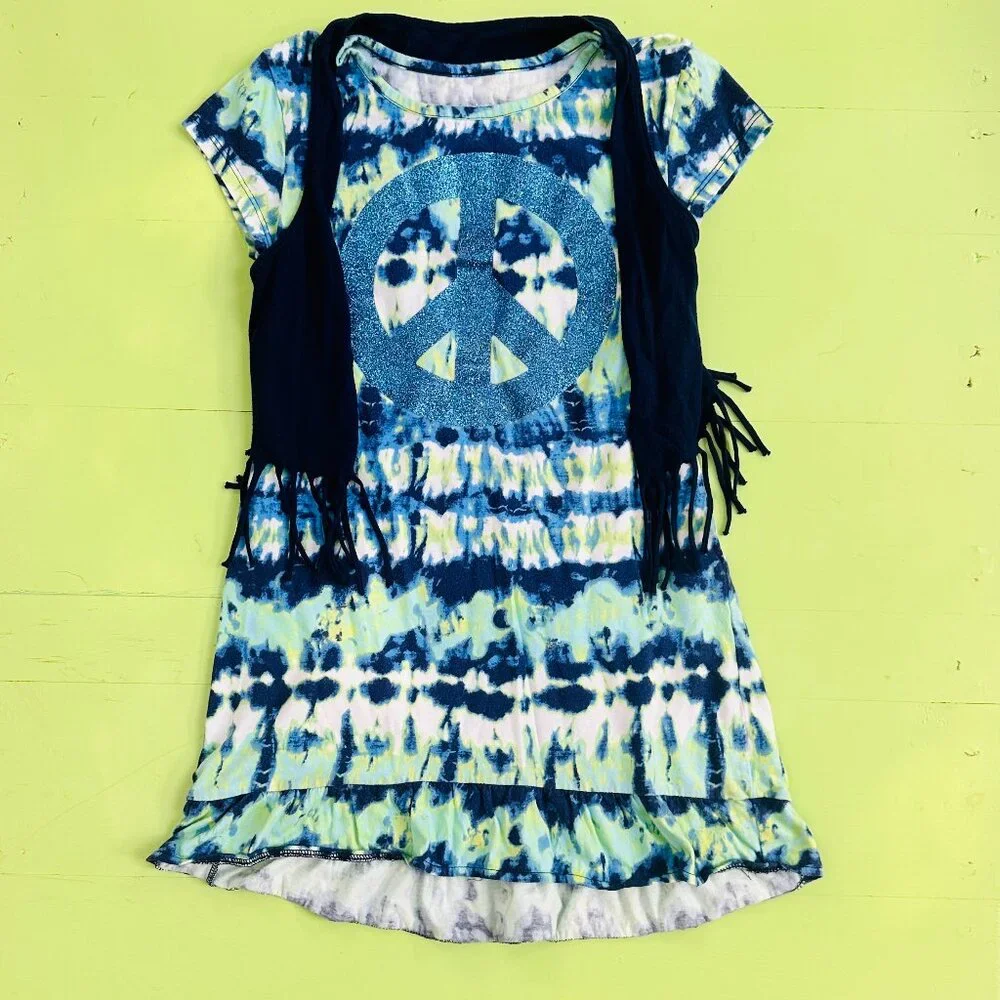 Justice Size 10 Tie Dye Peace Sign Dress Fringe Vest Blue Hippie Boho Style